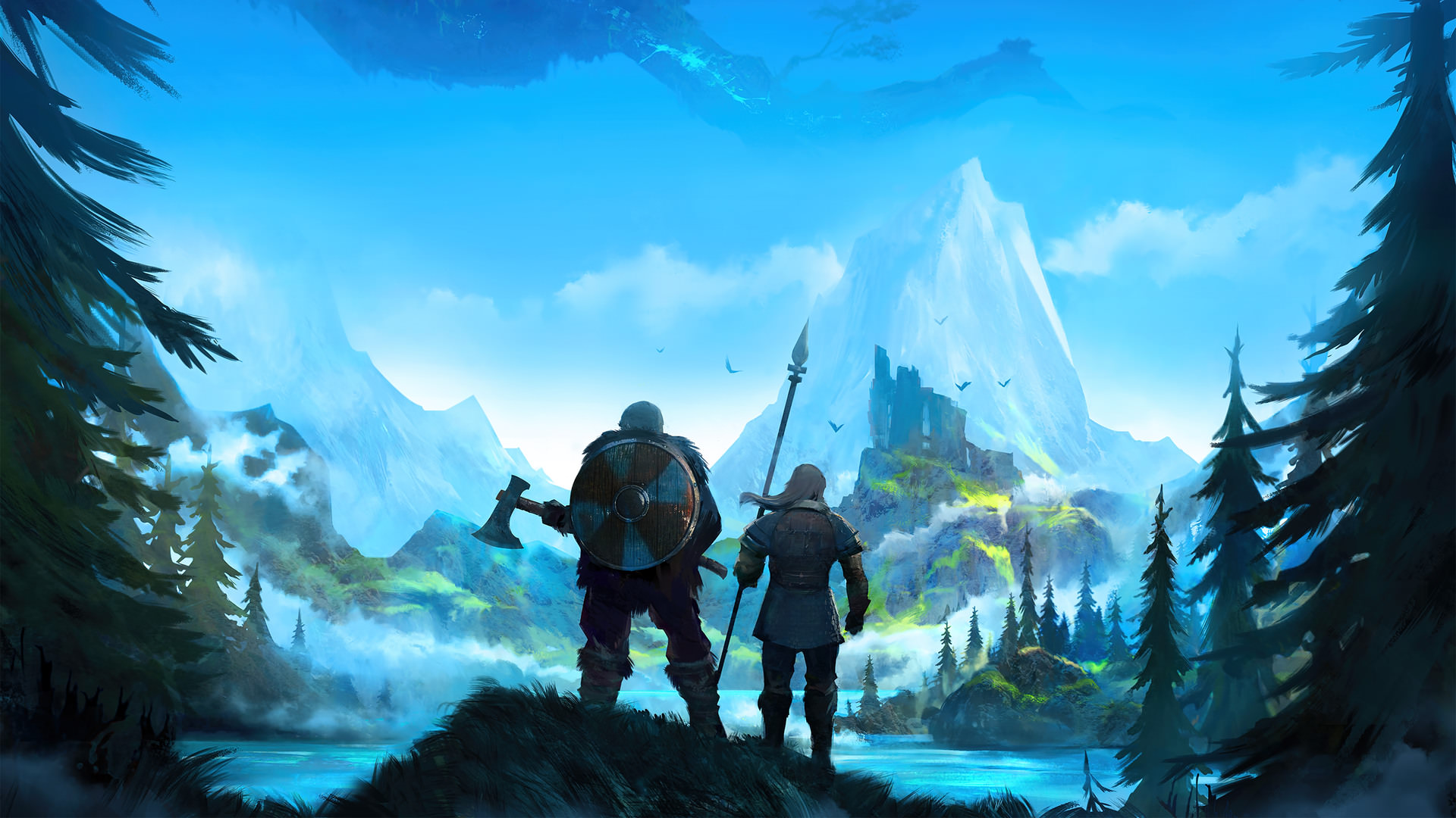 پوستری از بازی Valheim با نمایش نیزه و سپر قدیمی در محیط های اسکاندیناویایی