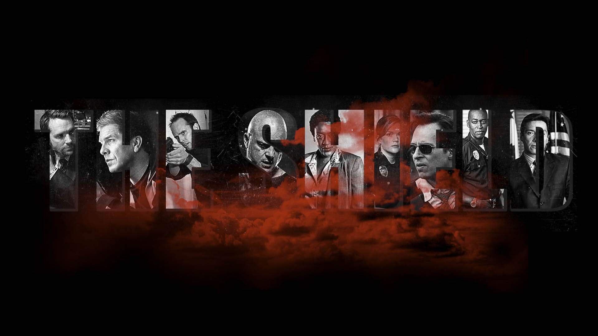 پوستر سریال The Shield با حضور شخصیت های اصلی آن در حروف اسم این سریال 