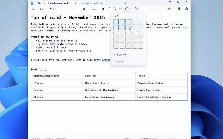 ویژگی جدید ویندوز ۱۱: درج جدول در Notepad ممکن شد
